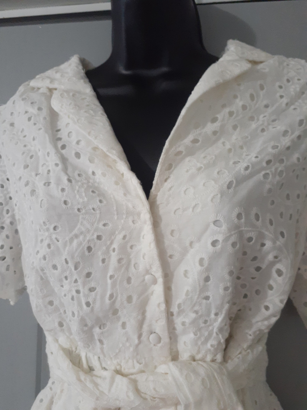 Main Strip White Eyelet Shirt Mini Dress with Tie Waist - Picture 3 of 6